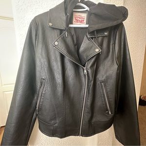 Levi Strauss black leather bomber with hood